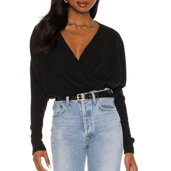 NWT Free People Cozy With You Pullover Faux Wrap Sweater in Black - Picture 1 of 6